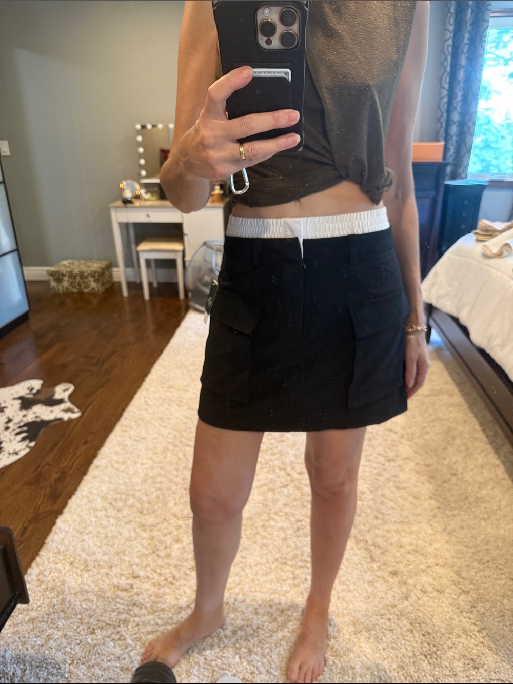 No Comment Black Mini Cargo Skirt with White Elastic Waistband L NWT